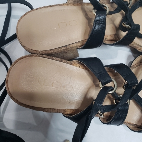 Aldo Pomeo Cork Chunky Heel Strappy Lace up Black Sandals Size 6 - Picture 4 of 10